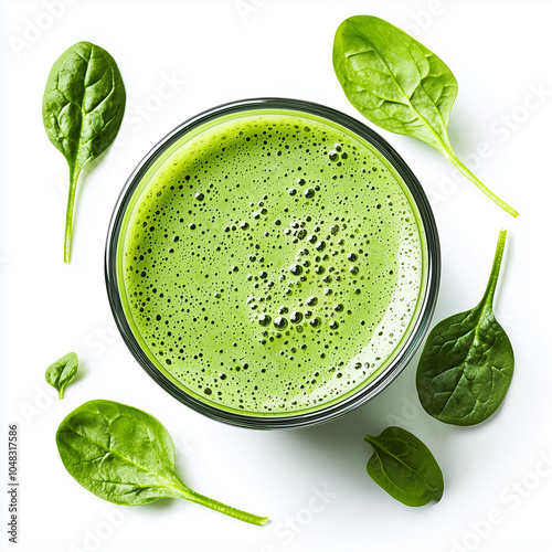 Top View of Fresh Green Juice with Spinach and Kale Leaves