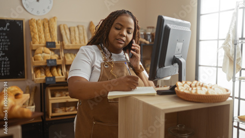 Plus size woman working in a bakery shop, taking notes, and talking on the phone while standing near a computer with a basket of pastries in the background