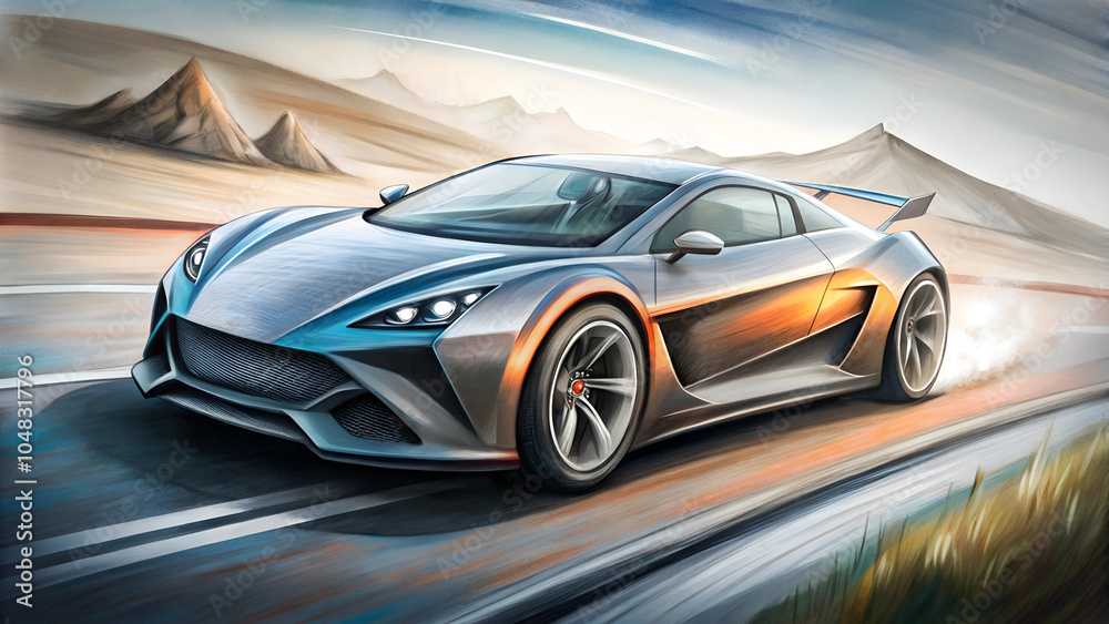 hand drawn design of modern a car runing on the road hand drawn design of modern a car runing on the road