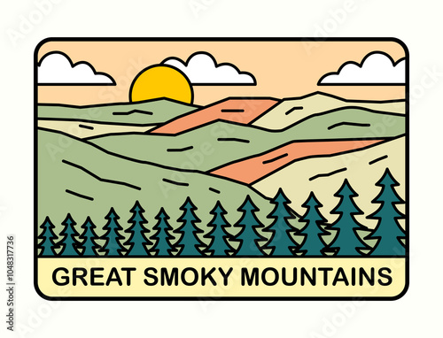 Great Smoky mountains flat mono line design for t shirt sticker badge illustration