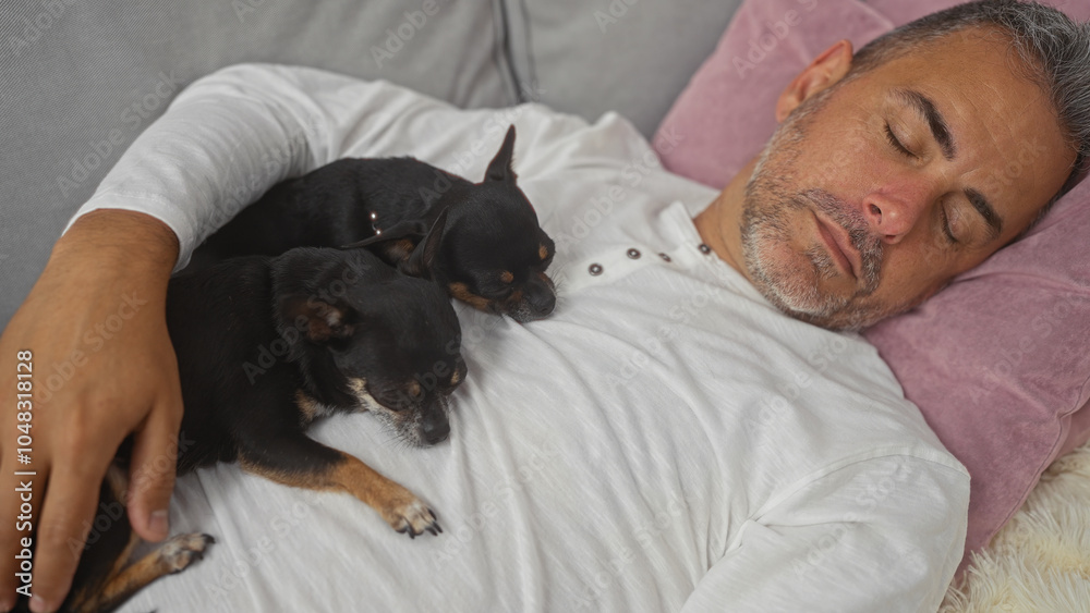 Middle-aged hispanic man sleeping in a living room with two chihuahua dogs resting on his chest. Middle-aged hispanic man sleeping in a living room with two chihuahua dogs resting on his chest.