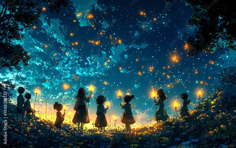 Night Sky with Floating Lights and Children Silhouettes Night Sky with Floating Lights and Children Silhouettes