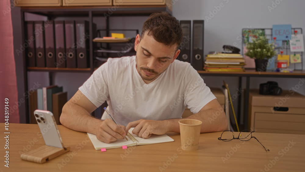 Handsome young hispanic man with a beard writing in a notebook in a workplace interior with office supplies, cup, and smartphone on a desk. Handsome young hispanic man with a beard writing in a notebook in a workplace interior with office supplies, cup, and smartphone on a desk.