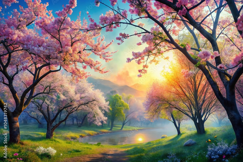 Fototapeta premium Watercolor Trees and Flowers: Long Exposure Nature Art for Home Decor