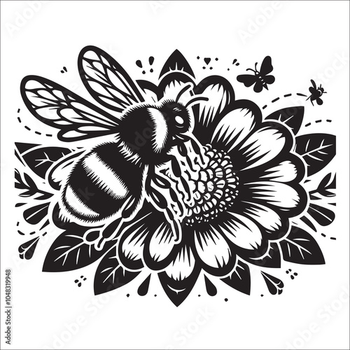 Bumble Bee Flower Clipart SVG black and white silhouette Vector Design