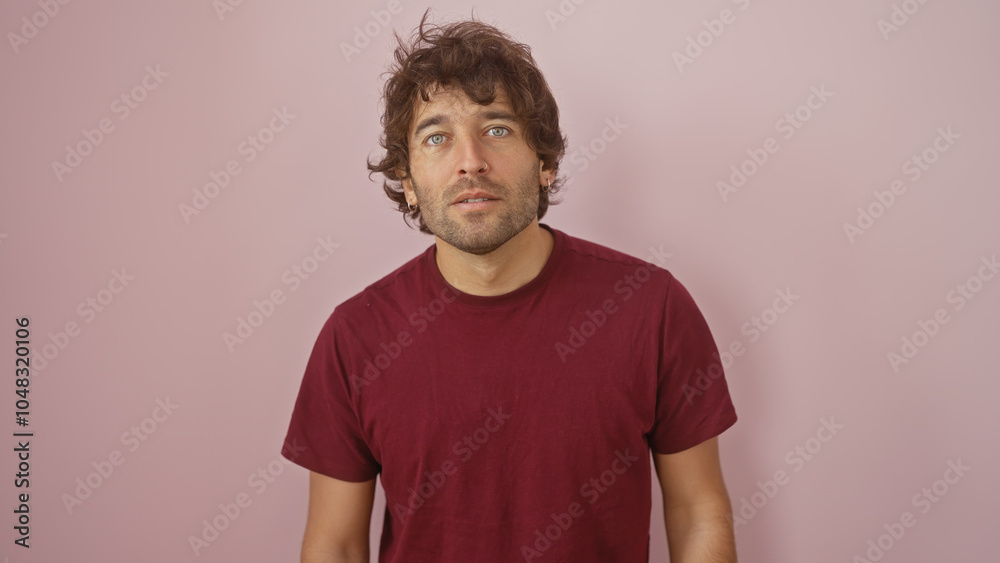 Portrait of a young hispanic man with a beard against a pink wall, looking pensive and casual. Portrait of a young hispanic man with a beard against a pink wall, looking pensive and casual.