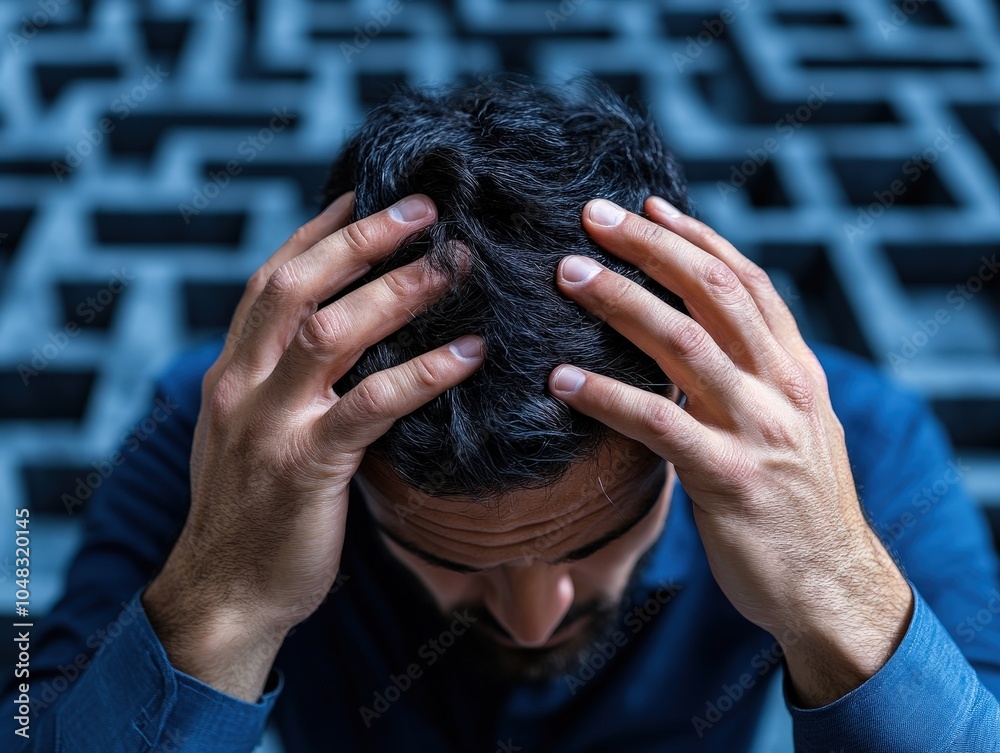 An image portraying a stressed man with his head in his hands, surrounded by a symbolic maze background, representing confusion and mental turmoil. An image portraying a stressed man with his head in his hands, surrounded by a symbolic maze background, representing confusion and mental turmoil.