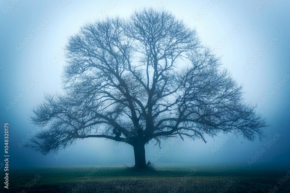 Autumn light - an oak tree in the thick morning fog