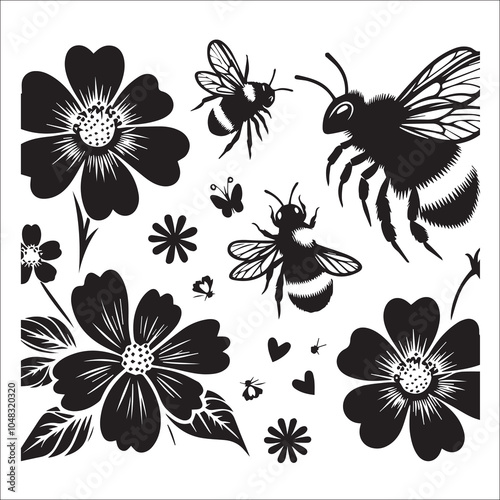 Bumble Bee Flower Clipart SVG black and white silhouette Vector Design