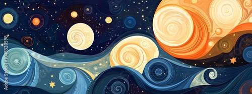 Abstract blue and gold planet Earth with Sun and flowing energy waves in the space, universe background