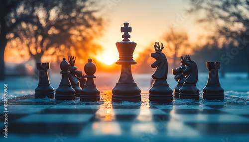 Chess pieces on a board at sunrise, capturing the beauty of strategy and nature in a serene outdoor setting.