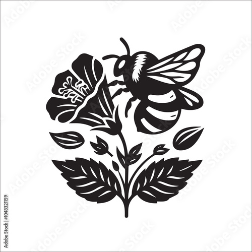 Bumble Bee Flower Clipart SVG black and white silhouette Vector Design