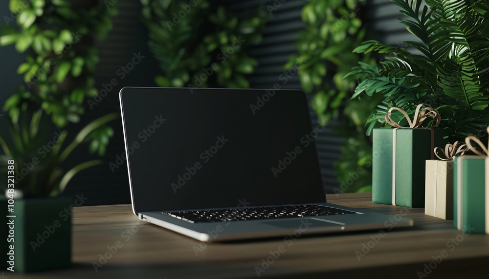 A sleek laptop sits on a wooden desk surrounded by lush plants and neatly wrapped gifts, creating a modern workspace ambiance. A sleek laptop sits on a wooden desk surrounded by lush plants and neatly wrapped gifts, creating a modern workspace ambiance.