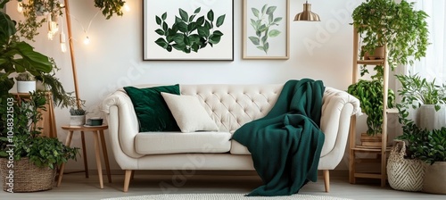 Stylish living room interior with comfortable sofa and many beautiful green houseplants in pots