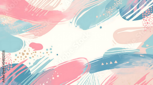 Abstract art background with textured paint spots over a white backdrop. Artistic frame template with copy space in a pastel pink and blue color palette.