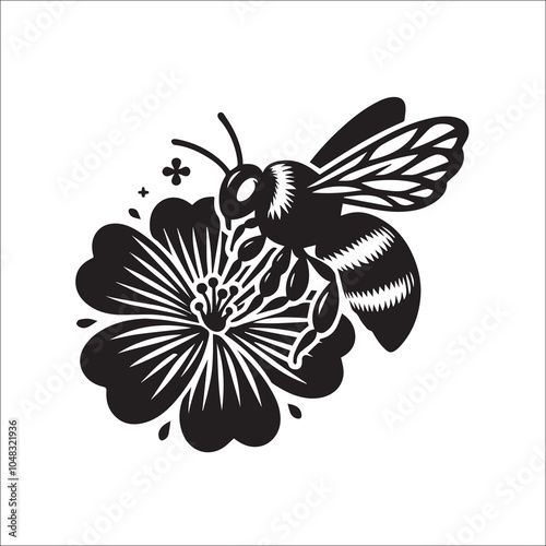 Bumble Bee Flower Clipart SVG black and white silhouette Vector Design