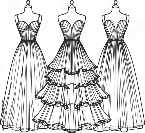 Gril dress drawing fashion illustration with long short Vector Template.
