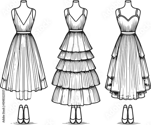 Gril dress drawing fashion illustration with long short Vector Template.