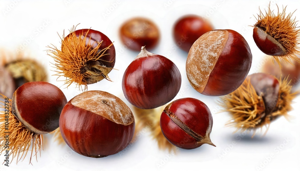 Raw chestnuts flying in the air on white background. Portuguese traditional snack Raw chestnuts flying in the air on white background. Portuguese traditional snack