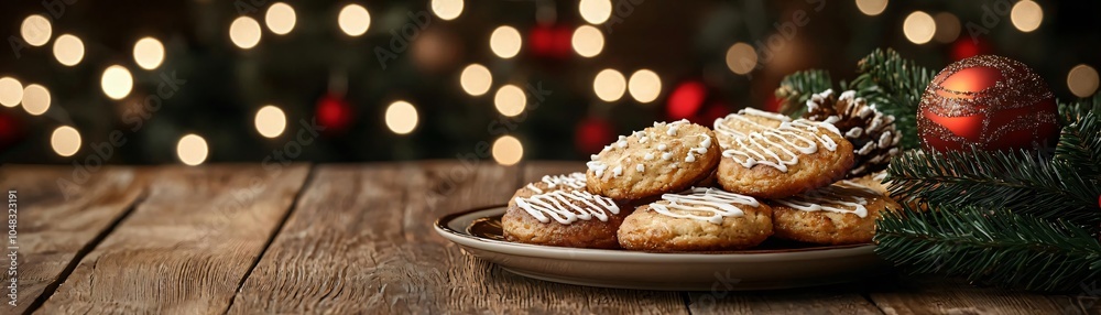 Delicious festive cookies arranged on a wooden plate, surrounded by Christmas decorations and warm bokeh lights. Delicious festive cookies arranged on a wooden plate, surrounded by Christmas decorations and warm bokeh lights.