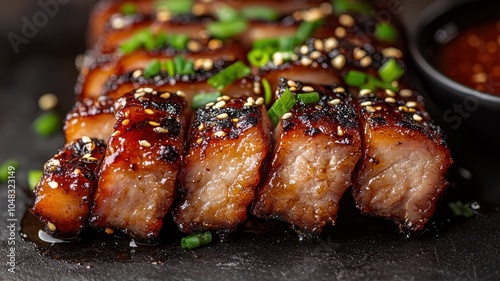 Succulent slices of glazed pork, topped with green onions and sesame seeds, served alongside a rich dipping sauce for a flavorful experience.