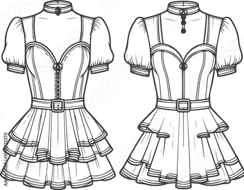 Gril dress drawing fashion illustration with long short Vector Template.