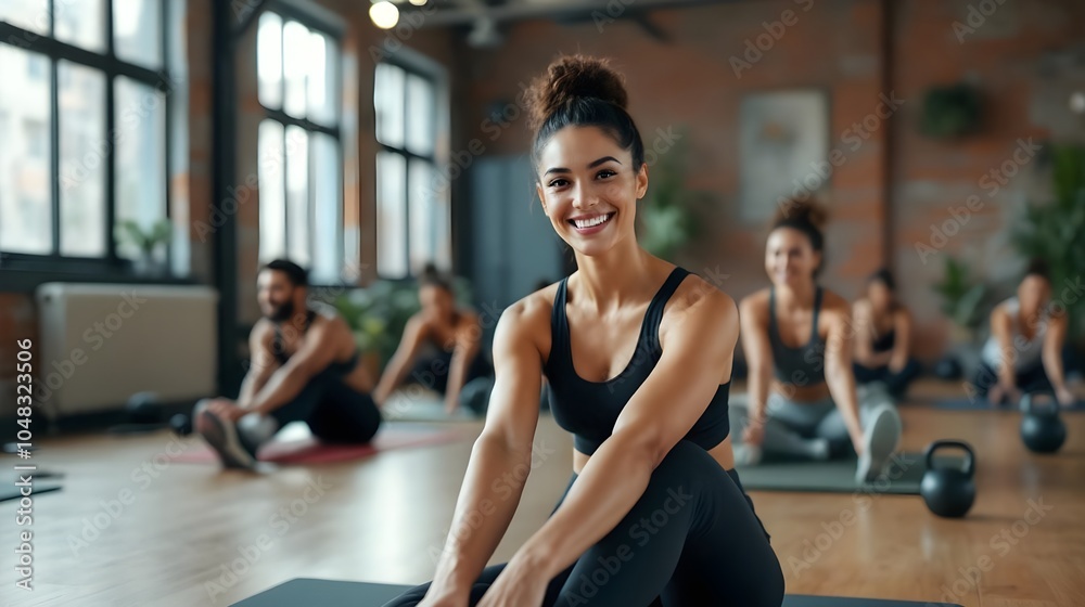 Group Fitness Class with Smiling Woman in Gym Group Fitness Class with Smiling Woman in Gym