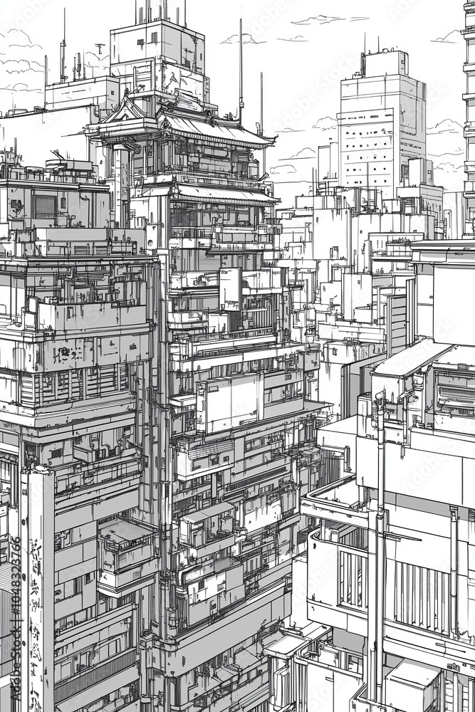 Intricate Urban Skyline With Layered Architecture in a Bustling City During the Day Intricate Urban Skyline With Layered Architecture in a Bustling City During the Day