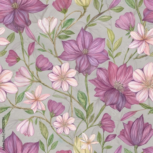 Colorful Botanical Pattern with Butterflies on Dark Background