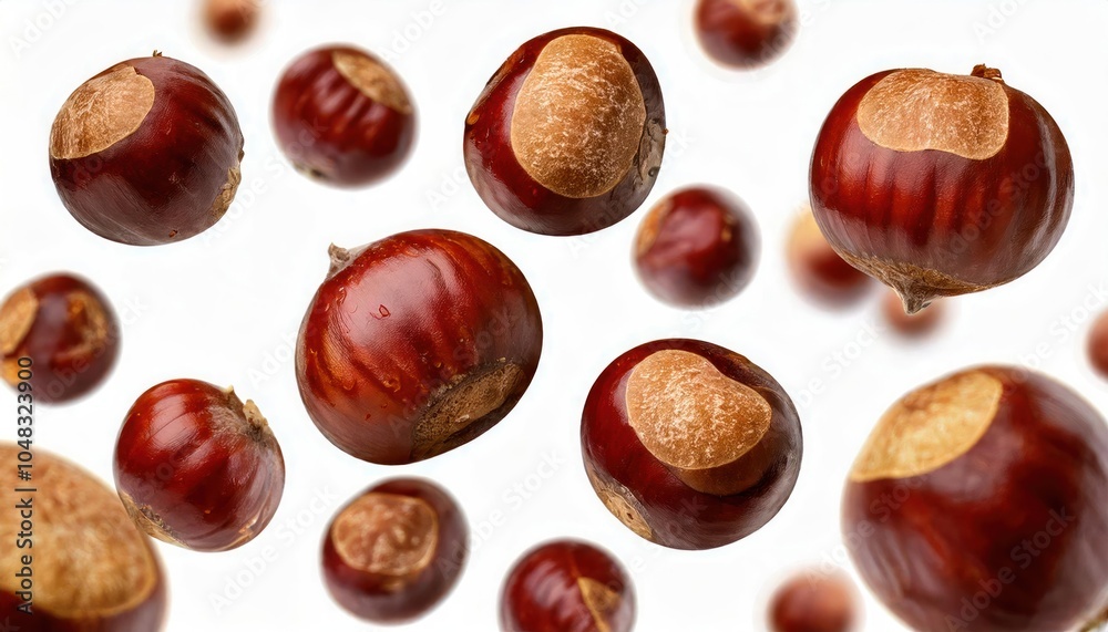 Raw chestnuts flying in the air on white background. Portuguese traditional snack Raw chestnuts flying in the air on white background. Portuguese traditional snack