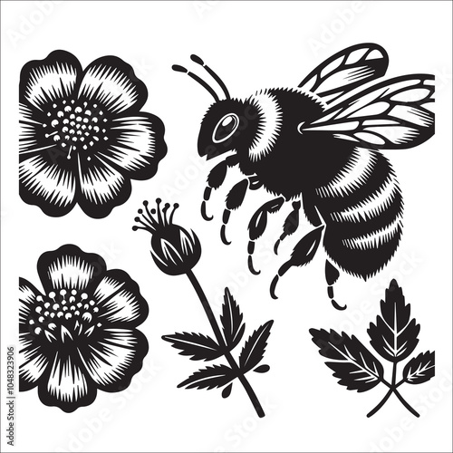 Bumble Bee Flower Clipart SVG black and white silhouette Vector Design