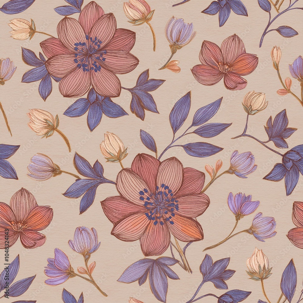 Colorful Botanical Pattern with Butterflies on Dark Background Colorful Botanical Pattern with Butterflies on Dark Background