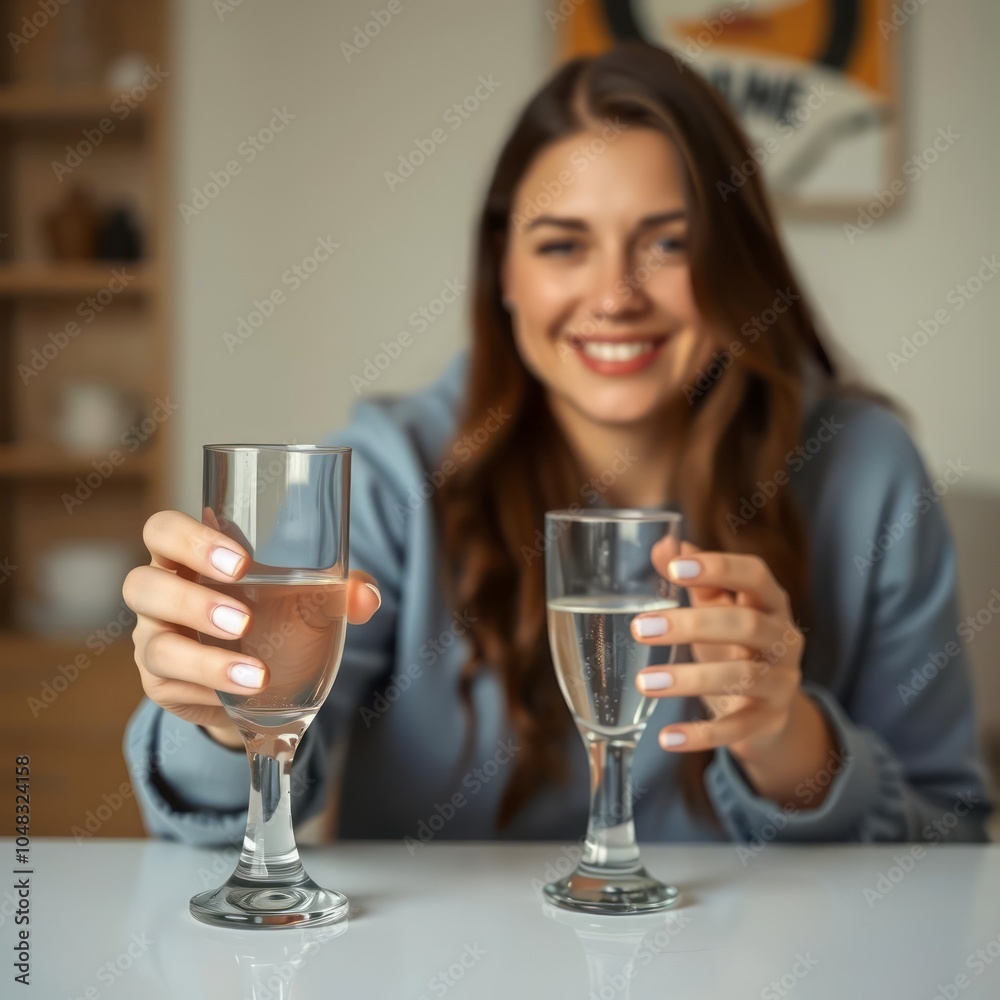 young woman holding pill and glass of water young woman holding pill and glass of water