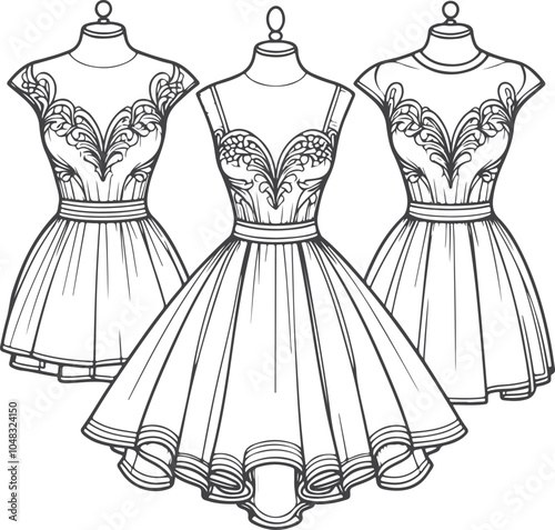Gril dress drawing fashion illustration with long short Vector Template.
