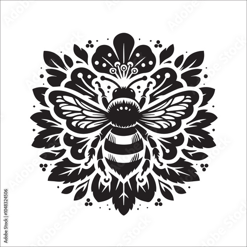 Bumble Bee Flower Clipart SVG black and white silhouette Vector Design