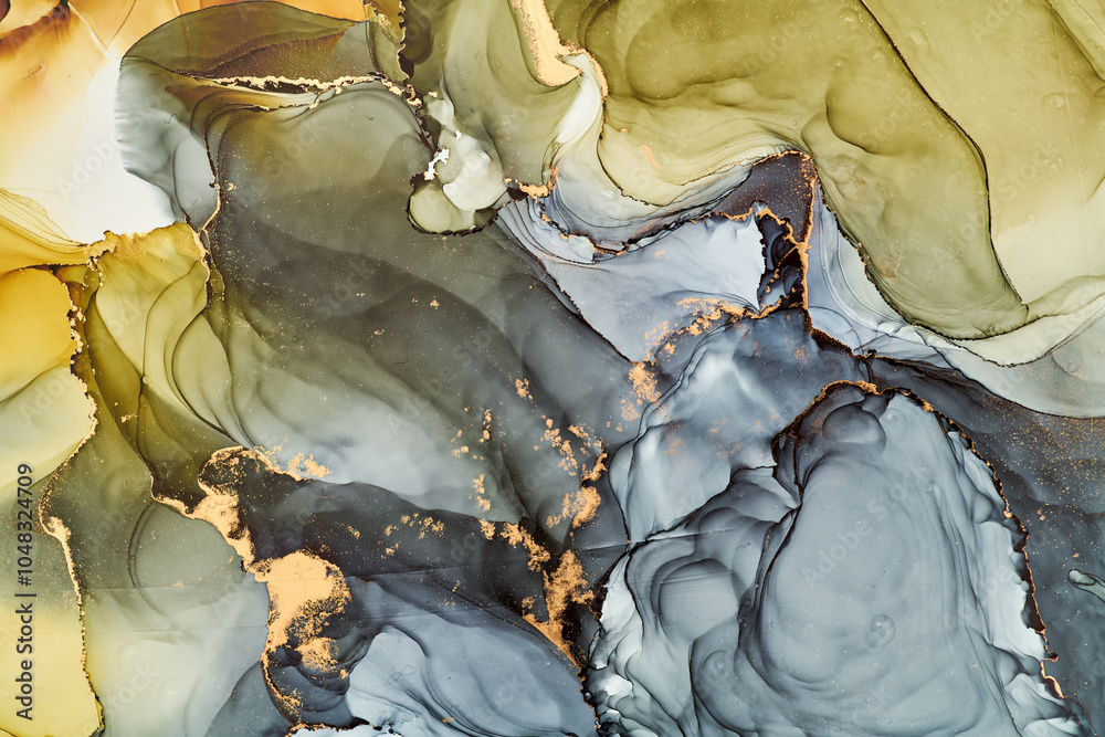 Obraz premium Soft waves of translucent color meet shimmering gold accents in abstract art, fluid shapes create a dynamic landscape. The liquid ink technique create depth and movement, both spontaneous and refined