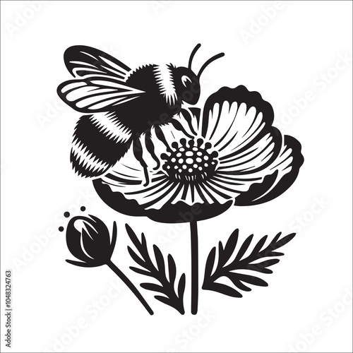 Bumble Bee Flower Clipart SVG black and white silhouette Vector Design