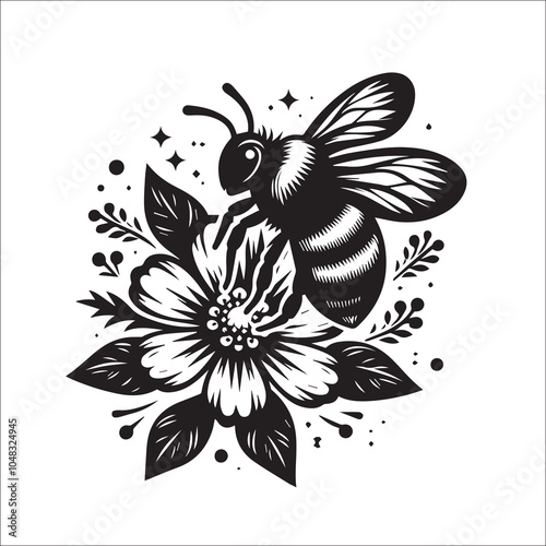 Bumble Bee Flower Clipart SVG black and white silhouette Vector Design