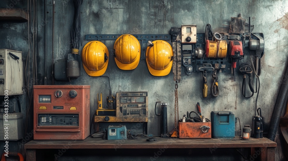 Industrial safety gear setup for generator maintenance documentary filming Industrial safety gear setup for generator maintenance documentary filming