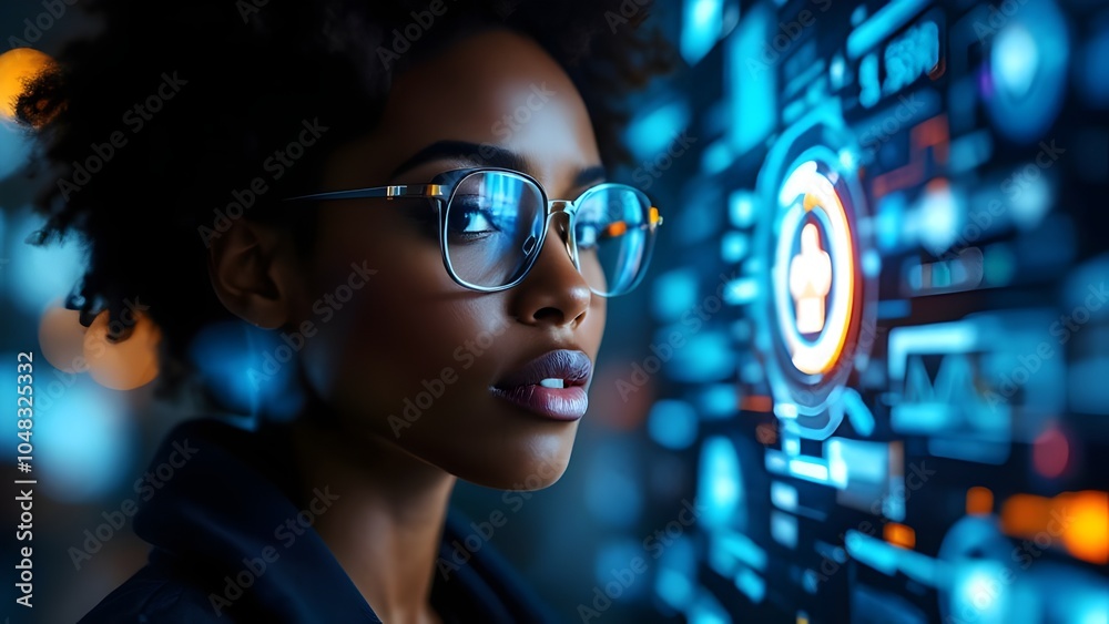 African woman on technology blue color background futuristic computer cyberpunk innovation African woman on technology blue color background futuristic computer cyberpunk innovation