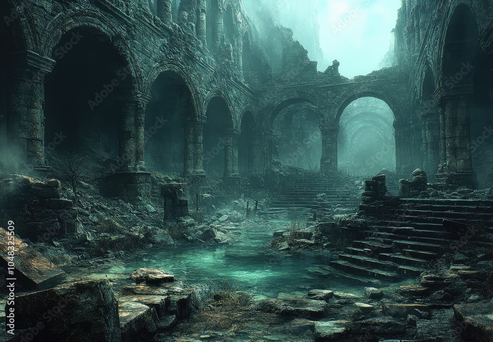 A haunting, overgrown ruin with crumbling arches and a misty atmosphere. A haunting, overgrown ruin with crumbling arches and a misty atmosphere.