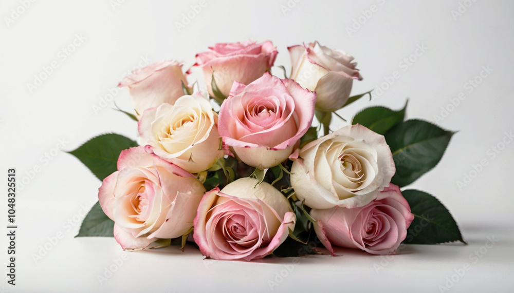 Beautiful bouquet of pink delicate roses lies on a white background. Wedding, Valentine's Day. Beautiful bouquet of pink delicate roses lies on a white background. Wedding, Valentine's Day.