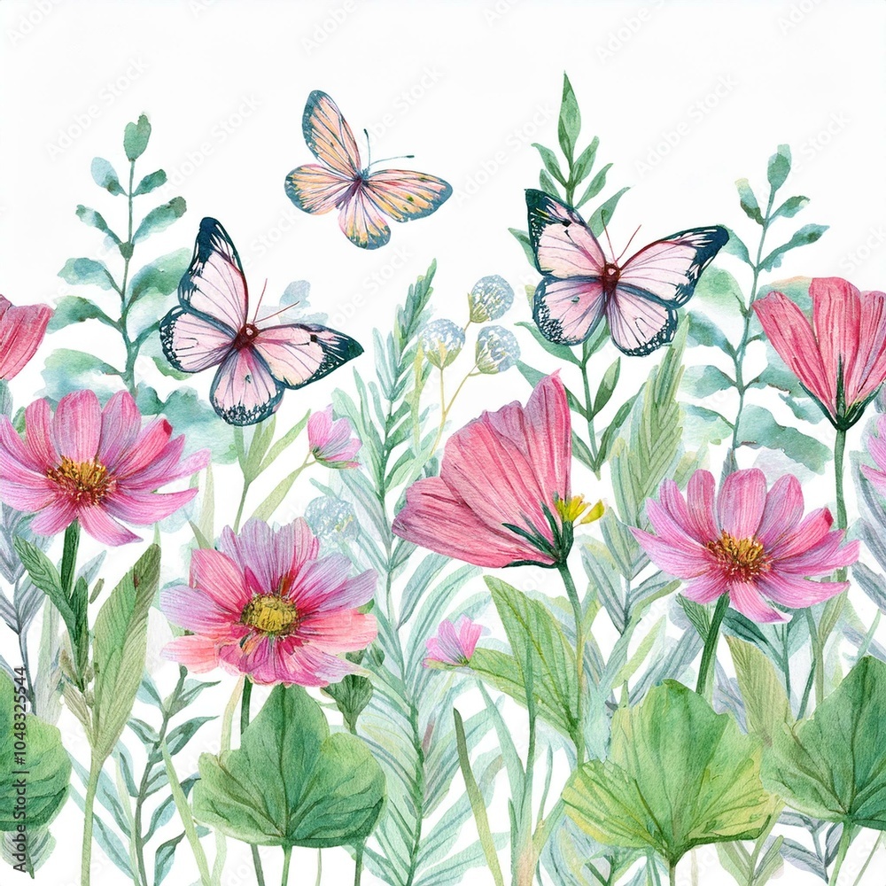 Colorful Botanical Pattern with Butterflies on Dark Background Colorful Botanical Pattern with Butterflies on Dark Background