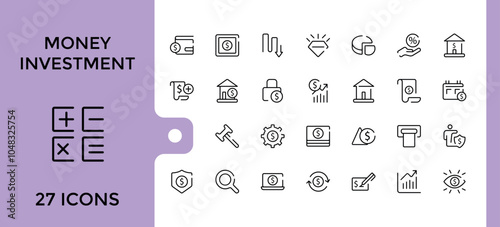 Investment line icons collection. Contains such icons as investor, financial, economy, finance, profit, development and more. Minimalistic web and UI icons. Editable stroke. Vector illustratio