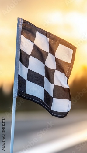 Checkered Flag Waving In The Wind At Sunset. Concept For Finishing, Success, Reaching The Goal. photo