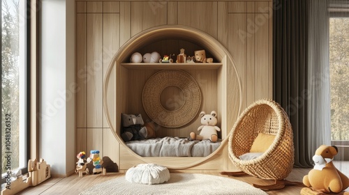 Kida??s room with round shelf, braided armchair, toys, and personal accessories photo