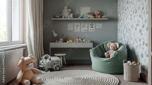 Kida??s room with round shelf, gray desk, green armchair, plush toys, and braided rug photo