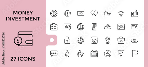 Investment line icons collection. Contains such icons as investor, financial, economy, finance, profit, development and more. Minimalistic web and UI icons. Editable stroke. Vector illustratio