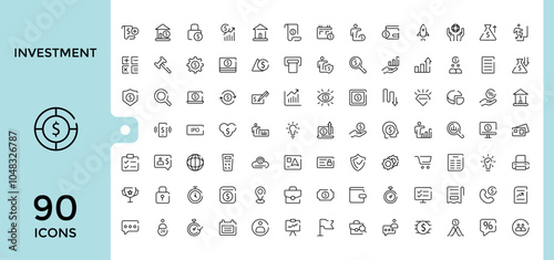 Investment icons set in line style. Includes thin line finance, asset, profit, economy, development, financial and more. Collection for mobile and web apps. Editable vector illustration.