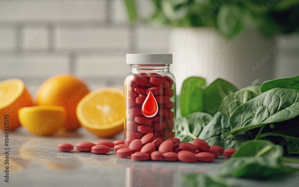 Iron with Vitamin C: A close-up of iron tablets with added Vitamin C in a clear bottle, complemented by fresh spinach, citrus, and a blood droplet symbol to support blood health Iron with Vitamin C: A close-up of iron tablets with added Vitamin C in a clear bottle, complemented by fresh spinach, citrus, and a blood droplet symbol to support blood health